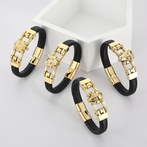 Men Woven Leather Bracelet Stainless Steel Wolf Lion Skull Animal Head Punk Bangle With Magnetic Clasp Vintage Jewelry
