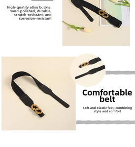 Detail of black elastic belt with golden double-ring buckle and high-stretch texture