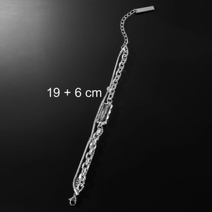 Double-layered silver titanium steel bracelet with cuban chain and rectangular charm