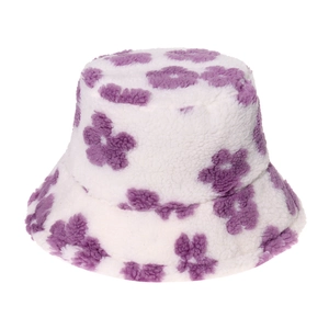 Winter plush bucket hat featuring purple floral prints and soft white faux fur texture