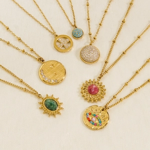 Collection of retro 14K gold-plated stainless steel necklaces with colorful gemstone pendants