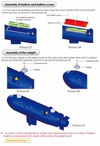Detailed assembly diagram for battery installation and weight balance on a toy submarine
