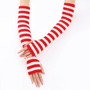 Detail of red and white striped knit arm warmers with fingerless design for autumn