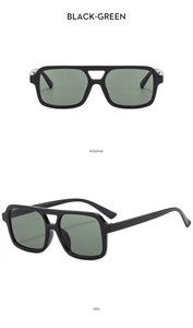 Front and side views of stylish double bridge aviator sunglasses with green lenses