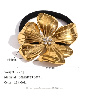 18K gold plated flower hair tie with rhinestones in stainless steel for women