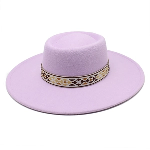 Detail of the lavender felt fedora with bohemian patterned ribbon on the 9.5cm brim