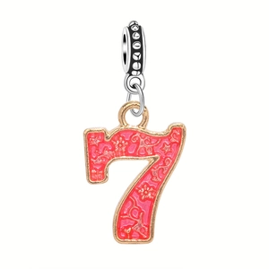 Pink enamel number 7 charm with gold edges and silver bail for DIY jewelry making