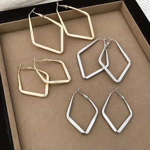 Geometric Rhombus Hoop Earrings With 925 Sterling Silver Earring Post Minimalist Smooth Metal Jewelry For Women Casual