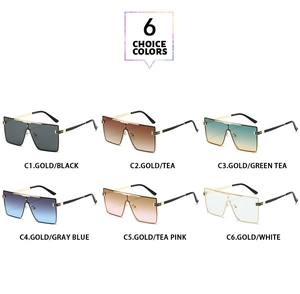 Overview of six color options for square metal sunglasses with golden frames and tinted lenses
