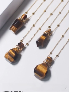 Tiger eye stone perfume bottle pendants in geometric shapes with gold bead chains