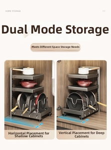 Adjustable multi-layer kitchen pot rack showing both vertical and horizontal storage modes