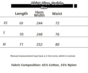 Detailed size guide for American style low waist skirt with cotton fabric composition