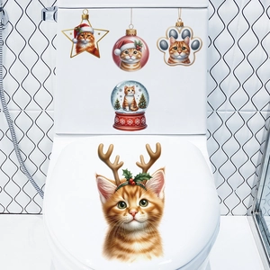 Christmas cat toilet seat sticker featuring festive orange cats with reindeer antlers and ornaments