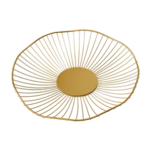 Minimalist gold wire fruit basket with round base and elegant wavy rim for living room decor