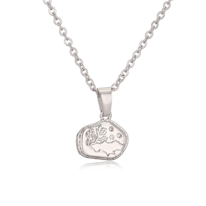 Irregular geometric pendant necklace with silver landscape tree engraving and rhinestones