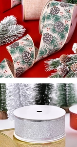 Detail of Christmas ribbons featuring pine cone patterns and silver glitter textures