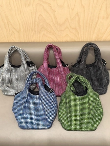 Sparkly rhinestone bucket handbags in five vibrant colors with silver chain straps