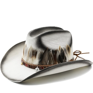Western Cowboy Hat Paper Straw With Feather Tribal Band Wide Brim Sun Protection For Men Women