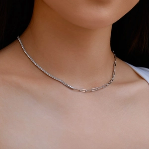 S925 sterling silver necklace featuring mixed tennis and paperclip chain design