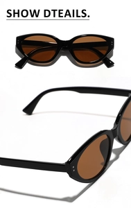 Detail of square cat eye sunglasses with black frame, brown lenses and silver rivets