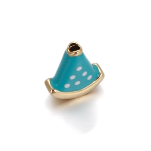 Detail view of a conical blue enamel bead with white dots and gold metal trimming