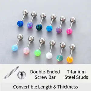 Opal Cartilage Stud Earrings Titanium Steel Double Headed Screw Piercing Jewelry Minimalist Niche Style Women