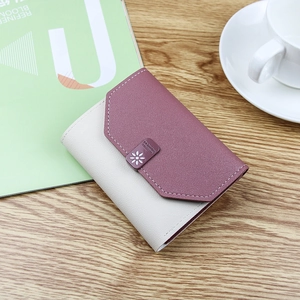 Short tri-fold leather wallet for women with pink and beige colorblock design
