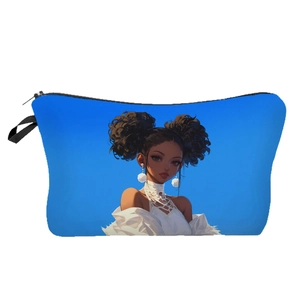 Blue makeup bag with cartoon black girl print and zipper, stylish canvas toiletry pouch