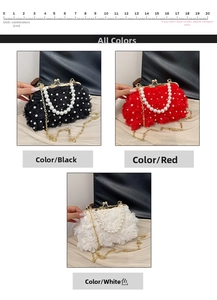 Vue détaillée des sacs en dentelle en forme de coquille en noir, rouge et blanc avec perles