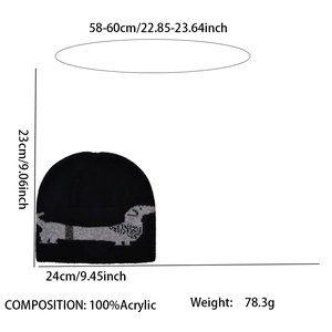 Black knitted beanie with grey dachshund pattern, size 24x23cm, 100% acrylic material