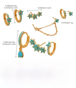 Detailed view of copper jewelry set with gold plating, turquoise stones and product sizes