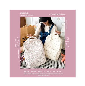 Detail of floral printed backpacks featuring vintage flower patterns and top handles