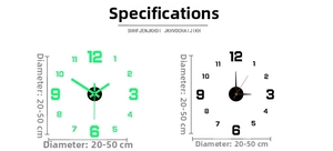 Detail of DIY acrylic wall clock with luminous numbers and adjustable diameter size
