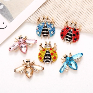 Set of colorful crystal beetle and bee brooches with sparkling rhinestone inlay on alloy base
