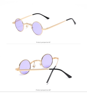 Detailed views of steampunk round sunglasses with purple lenses and gold metal frames