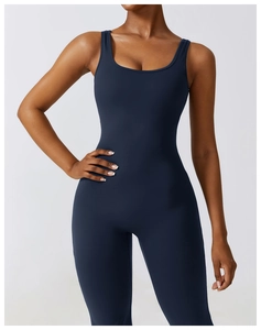 Detail of high-stretch navy blue sleeveless yoga bodysuit with U-neck and slimming fit