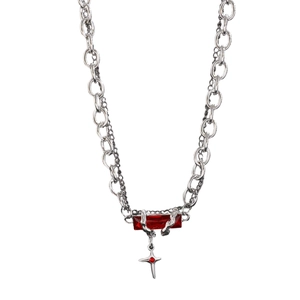 Gothic double layer chain necklace with deep red gemstone and claw pendant in silver finish