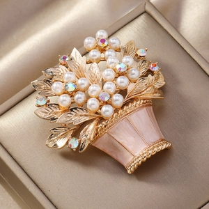 Vintage style floral basket brooch with pearls, crystals and pink enamel details