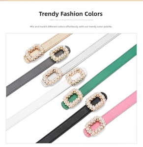 Detailed view of women's thin belts with pearl buckles in seven assorted colors