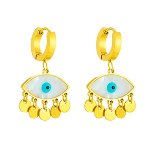 Golden evil eye dangle earrings with blue stone and round coin tassel charms