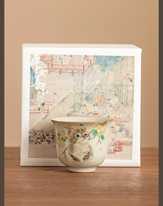Ceramic Ru kiln cat teacup detail with Ru ware crackle glaze and festive gift packaging box