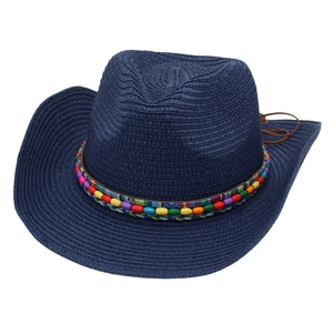 Navy blue straw cowboy hat with colorful ethnic beaded trim for sun protection