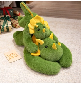 Close-up of soft green triceratops plush pair featuring fluffy texture on a white rug
