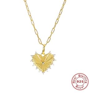 S925 sterling silver gold necklace with heart pendant and sparkling crystals