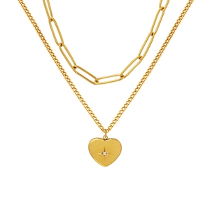 Collana a doppio strato placcata oro 18k con ciondolo a stella e cuore e zirconi