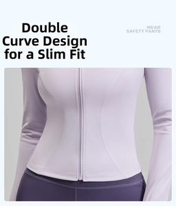 Detail of slim fit lavender yoga jacket showing high elastic fabric and waist contouring