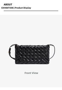 Close-up of black woven leather handbag showing detailed Intrecciato craftsmanship