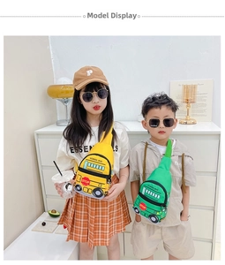 School bus shape kids chest bag with adjustable strap and waterproof fabric detail