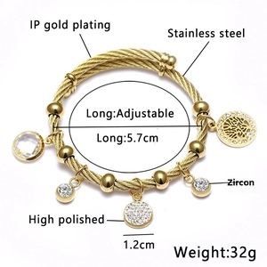 Bracelet ajustable en acier inoxydable doré avec breloques en zircon et arbre de vie