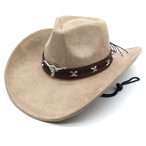 Beigefarbener Western-Cowboyhut aus Wildlederimitat mit Bullenkopf und Kordelzug